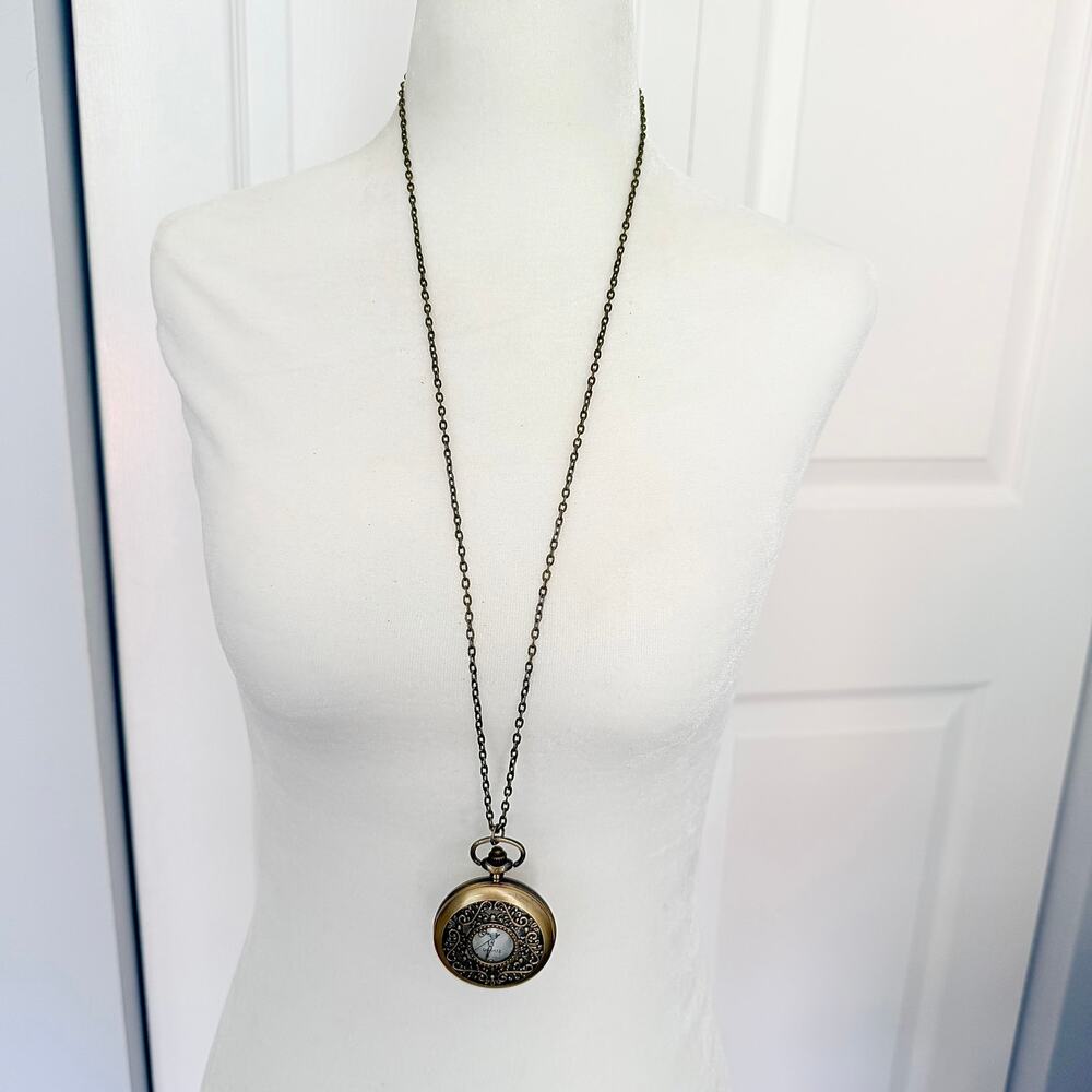 Antique Gold Tone Filigree Locket Pocket Watch Two-Way Necklace- Needs Batteries